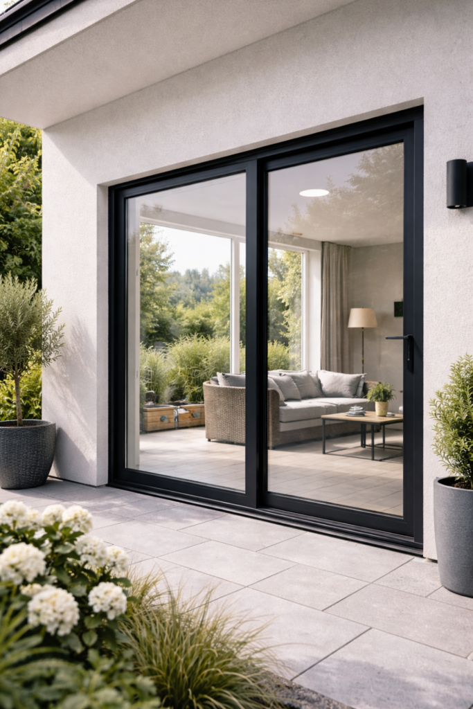 porte vitrée moderne et salon lumineux