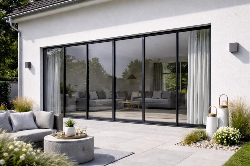 Baie vitrée en menuiserie aluminium apportant lumière naturelle à l'intérieur