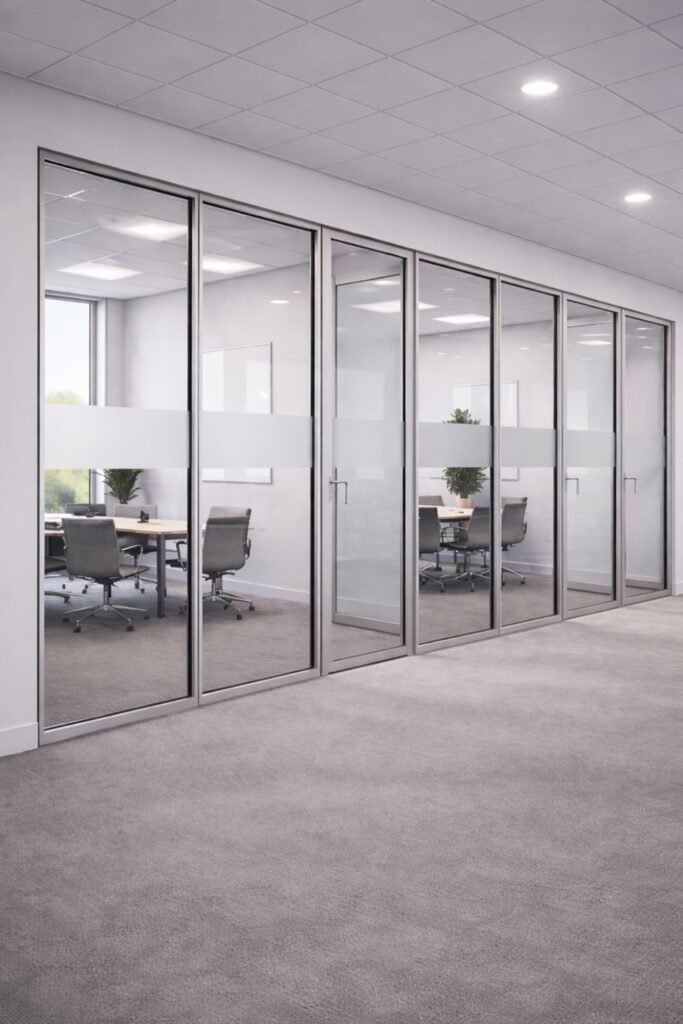 Cloison vitrée en menuiserie aluminium pour bureaux modernes avec portes en verre
