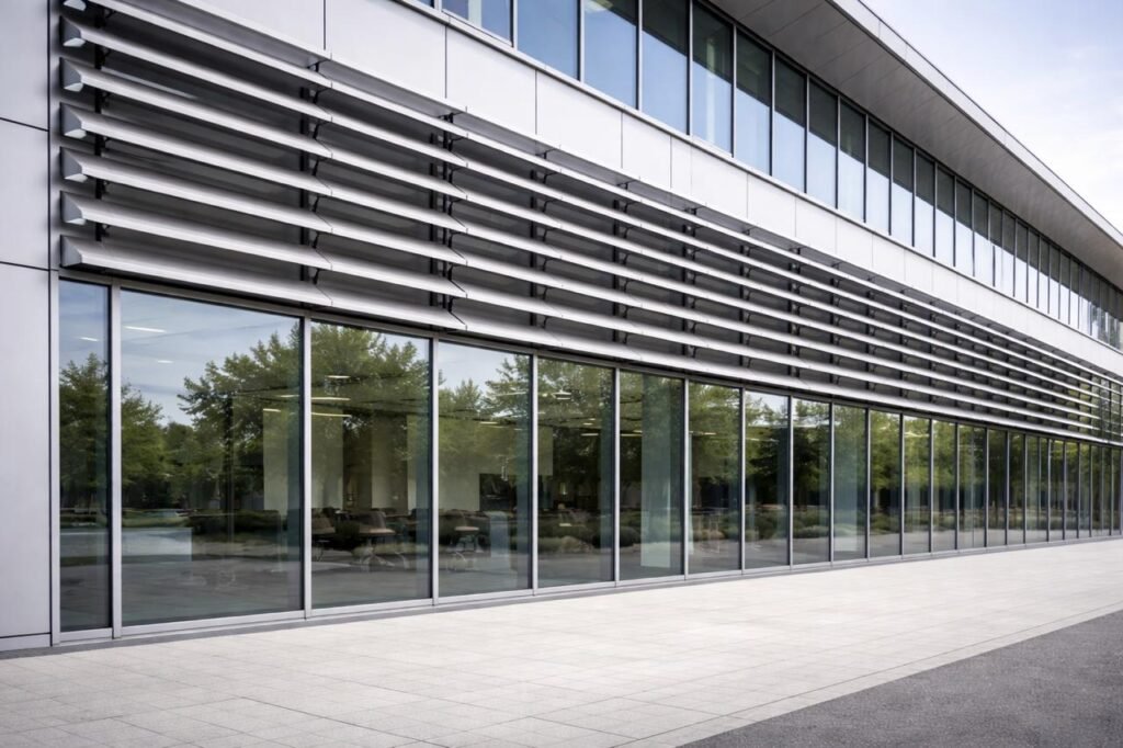 Façade moderne de bâtiment avec menuiserie aluminium et grandes baies vitrées