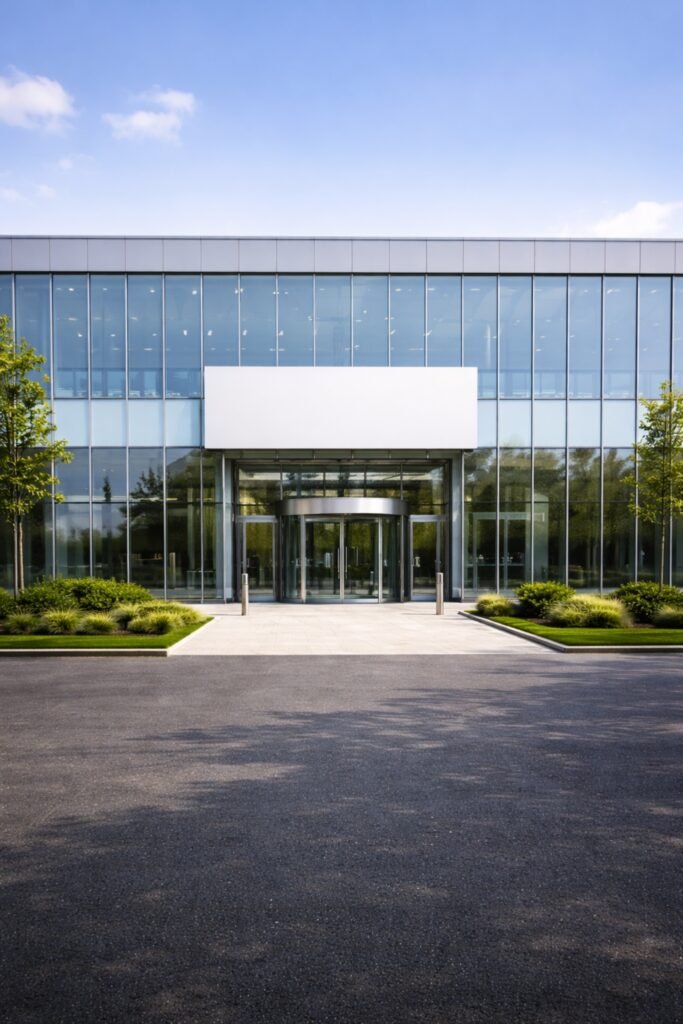Façade moderne de société avec mur rideau en aluminium et grandes surfaces vitrées
