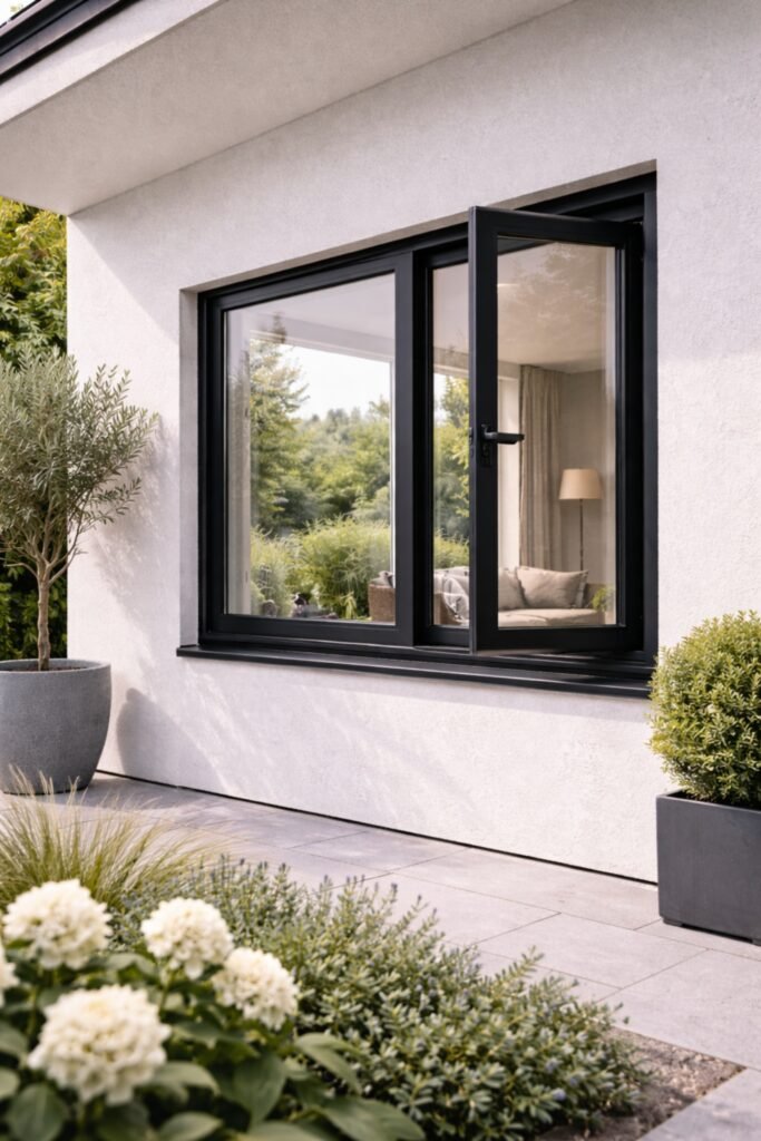 Fenêtre en menuiserie aluminium noire moderne installée dans une maison contemporaine avec vitrage panoramique