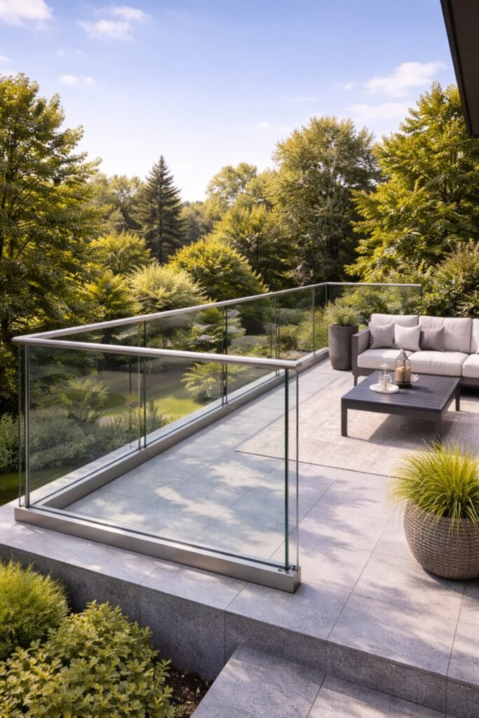 Garde-corps en verre avec structure aluminium installé sur une terrasse moderne avec vue sur jardin