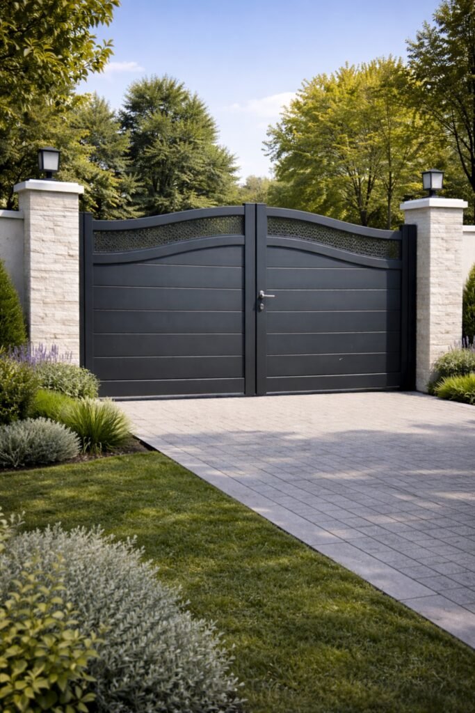 Portail moderne en aluminium noir installé à l'entrée d'une maison avec jardin paysager