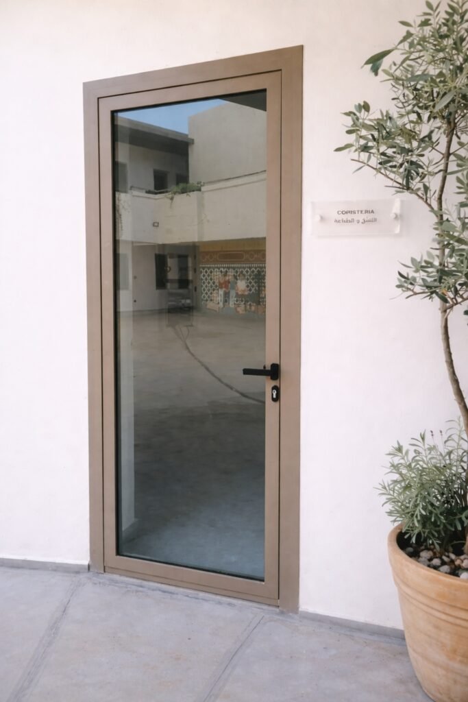 Porte en menuiserie aluminium moderne avec cadre beige et vitrage pour maison contemporaine