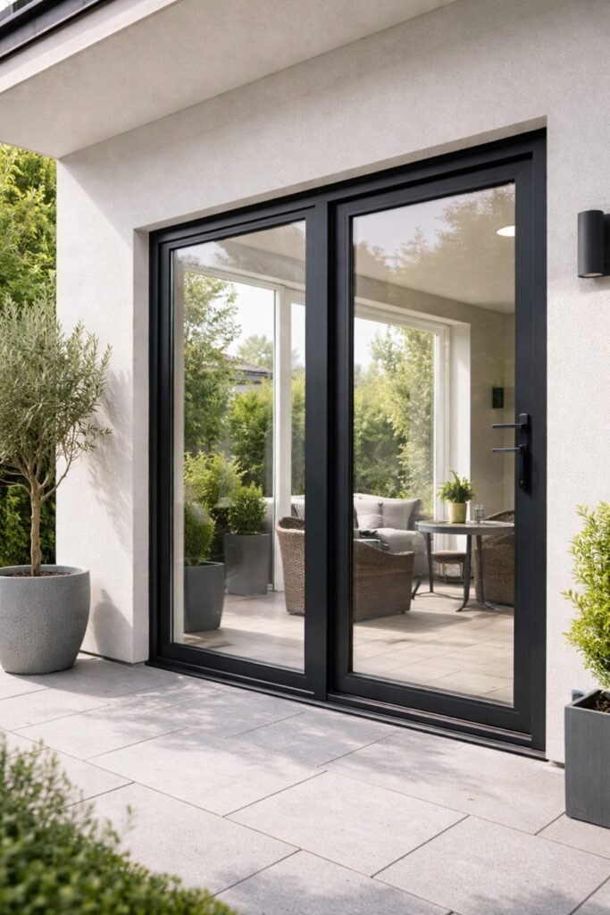 Porte coulissante en aluminium noir avec vitrage installée dans une maison moderne donnant sur une terrasse