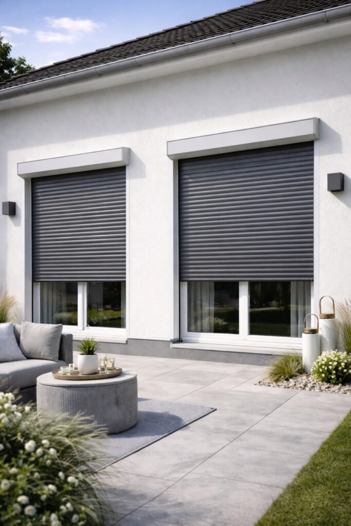 Volets roulants en aluminium installés sur les fenêtres d'une maison moderne avec terrasse extérieure